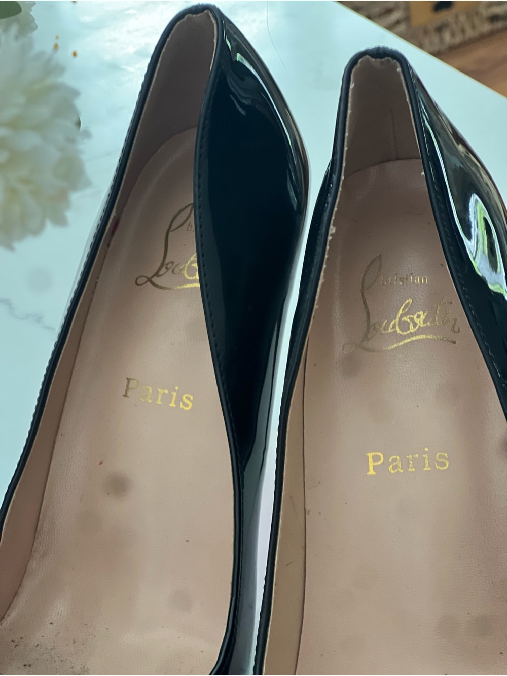 Christian Louboutin Black Patent Pointed Toe Pumps with Gold Insole